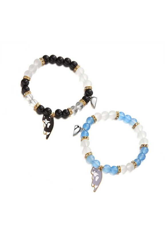 Set of 2 Elegant Magnetic Clasp Handchain Cats Charm Beaded Bracelet for Fashionable Women Adjustable Wristchain
