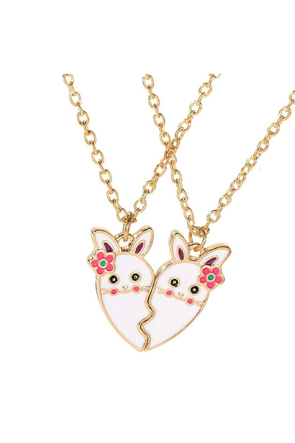 Set of 2 Fashionable Love Heart Shape Necklaces with Magnetic Closure and Rabbit Charm Accessory for Best Friend