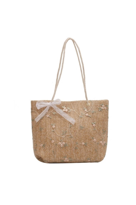 Styles Straw Woven Shoulder Bag with Lace Bowknot for Beach Travel Flower Embroidery Large Capacity Handbag