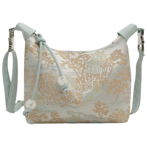 FENOHREFE Stylish Nylon Shoulder Bag with Vintage Chinese Weaving Pattern Crossbody Purse Zippered Small Handbag for Females