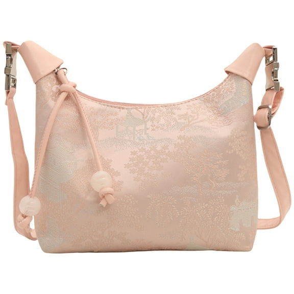 FENOHREFE Stylish Nylon Shoulder Bag with Vintage Chinese Weaving Pattern Crossbody Purse Zippered Small Handbag for Females