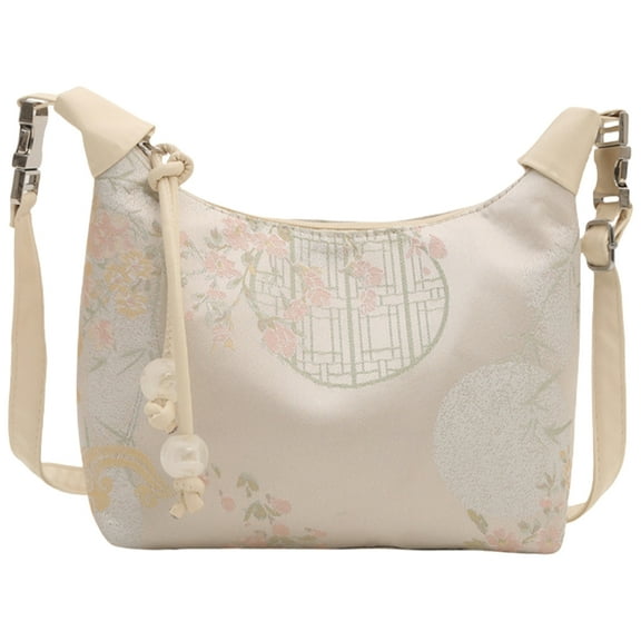 FENOHREFE Stylish Nylon Shoulder Bag with Vintage Chinese Weaving Pattern Crossbody Purse Zippered Small Handbag for Females