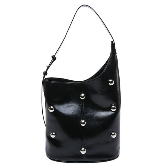 FENOHREFE Stylish Solid Color PU Leather Shoulder Bag for Women Rivets Beads Embellishment Large Capacity Underarm Bucket Handbag
