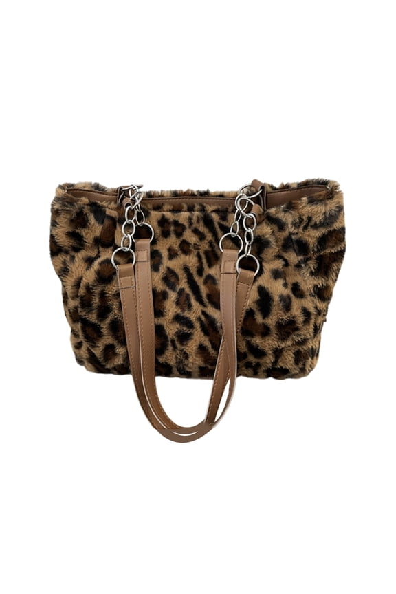 Unique Leopard Print Furry Shoulder Bag Spacious Interior Underarm Bags Travel Handbag for Work Shopping or Leisure