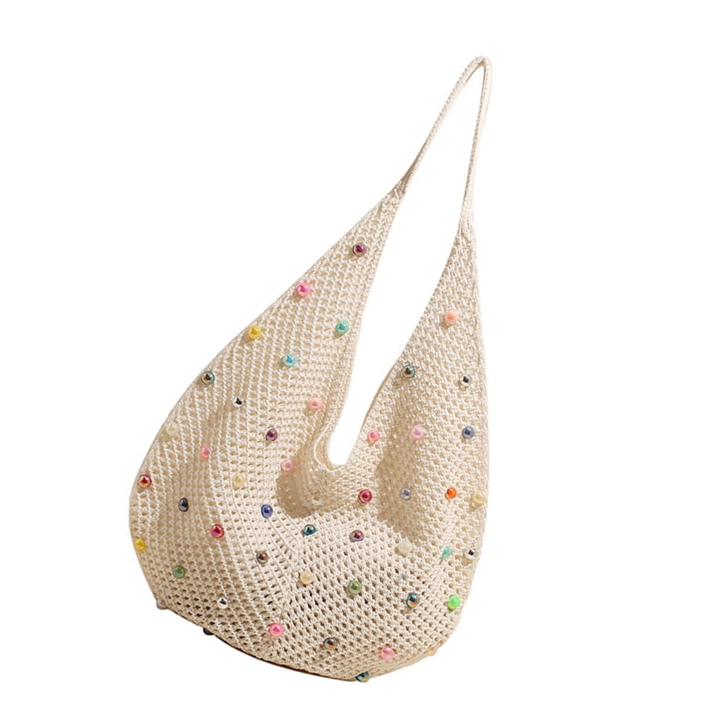 FENOHREFE Women Crochet Shoulder Bag with Colored Beads Handbag Aesthetic Armpit Bag Fashion Beach Bag Knit Bag for Travel