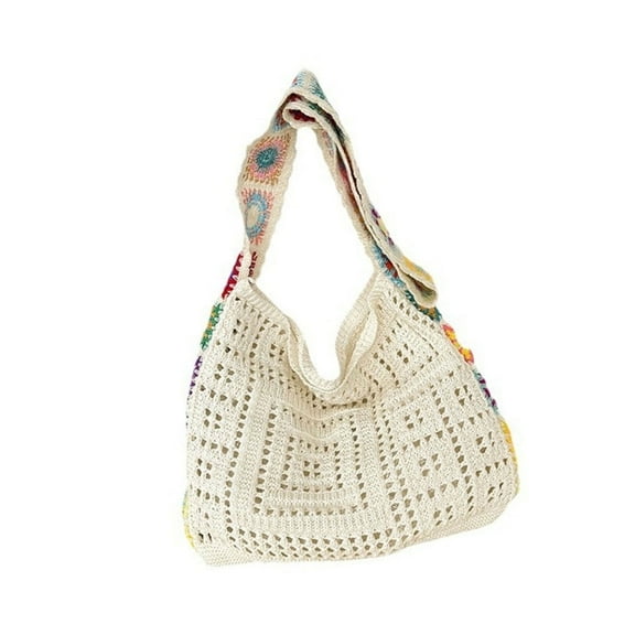 FENOHREFE Women Knitted Shoulder Bag Colorful Flowers Crossbody Bag Fashion Beach Bag Hollow Out Crochet Handbag Vacation Bag