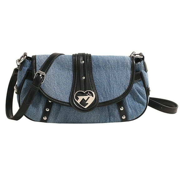 FENOHREFE Womens Denims Flap Small Shoulder Bag Fashionable Punk Studded Heart Buckled Crossbody Purses Dumpling Shape Handbag
