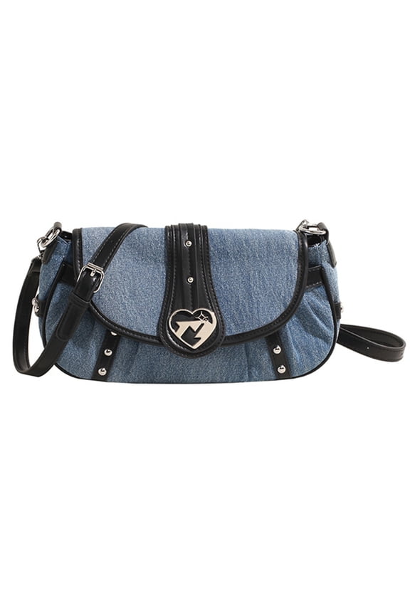 Womens Denims Flap Small Shoulder Bag Fashionable Punk Studded Heart Buckled Crossbody Purses Dumpling Shape Handbag