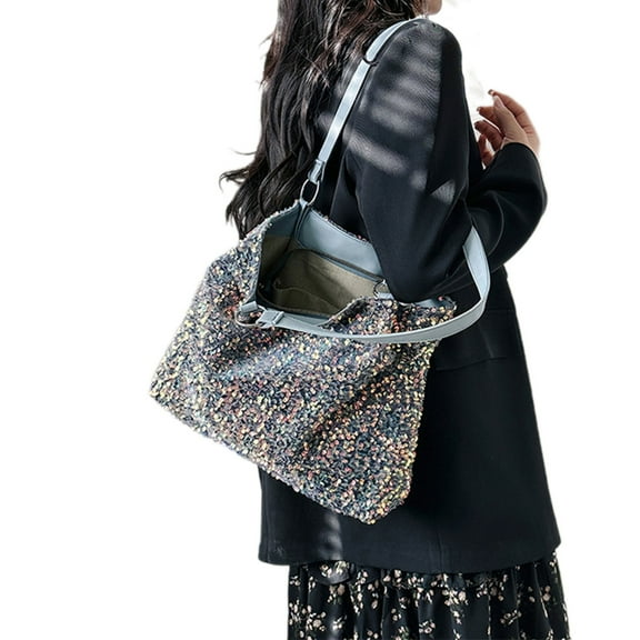 FENOHREFE Womens Shoulder Bag Simple Sparkling Handbag Female Large Capacity Shopping Bag Sequins Underarm Bag for Travel