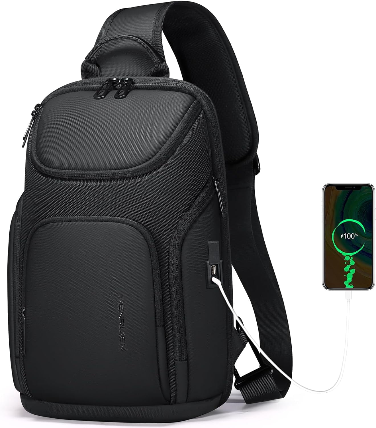 FENRUIEN Sling Bag Crossbody Backpack with USB Charging Port,Black
