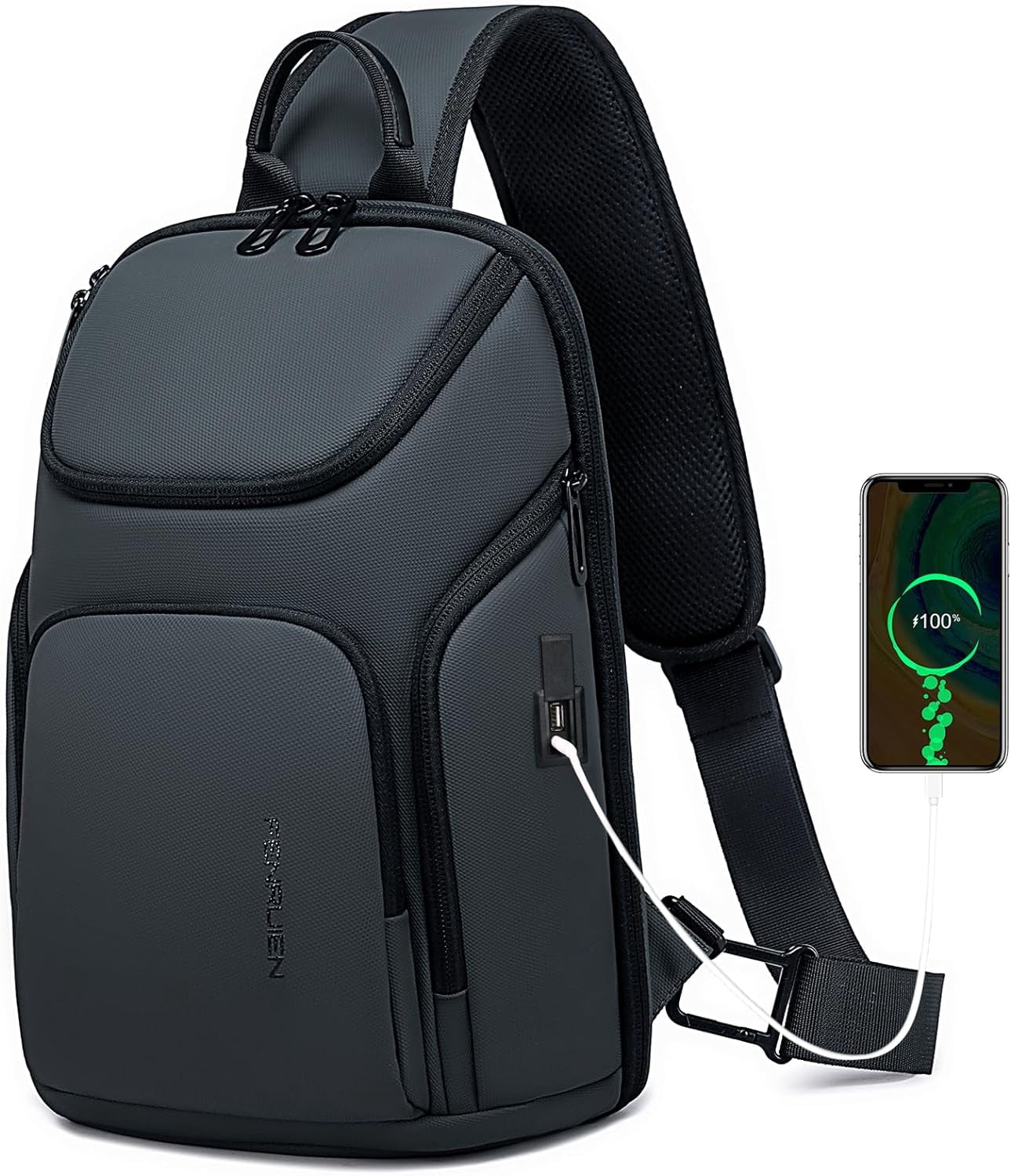 FENRUIEN Sling Bag Crossbody Backpack with USB Charging Port,Grey