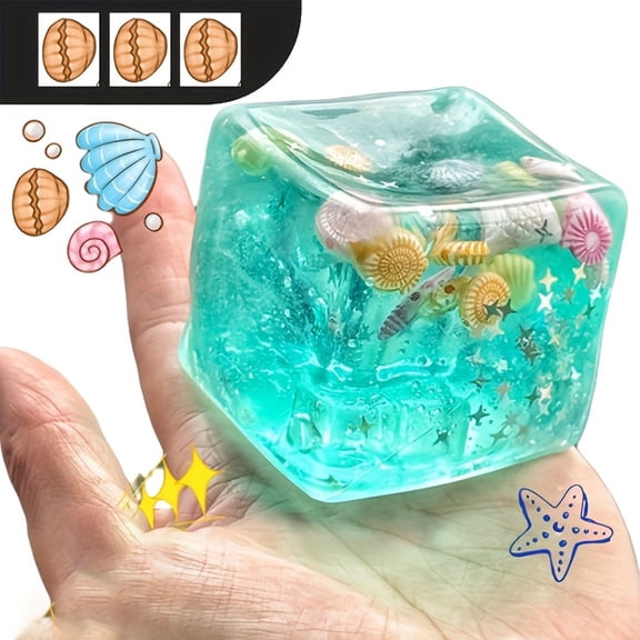 FEOLGEHLY 1.77" Cube Squishies Fidget Toys, Blue Semi-Transparent Star Seashell Sensory Squeeze Stress Balls, Soft Handheld Stress Relief Toy, Party Favors Easter Gifts for Desktop Decor