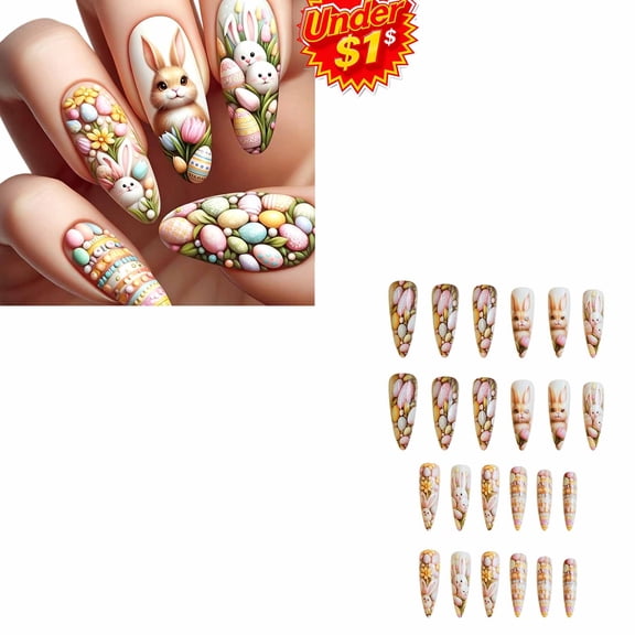 FEOLGEHLY Under 1$ Dollar 24 Pieces Press on Nails, Medium Candy Color Wearable Fake Nails, European American Style Glitter Gradient Nail Art Tips with 24 Nail Tabs, for Easter Summer Manicure Decor