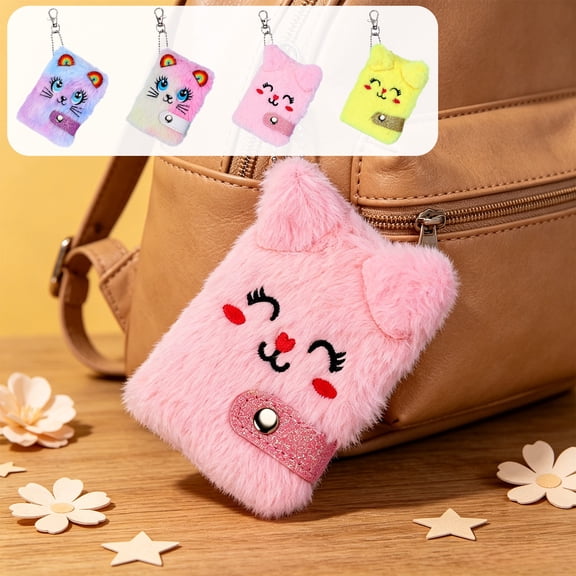FEOLGEHLY 1 Pack Of Cute Cat Plush Notebooks, Mini Journals, Portable Notebooks & Writing Pads, Backpack Charms with Keychain, Blank Pages Journal for Gifts Under 5$ (Pink)