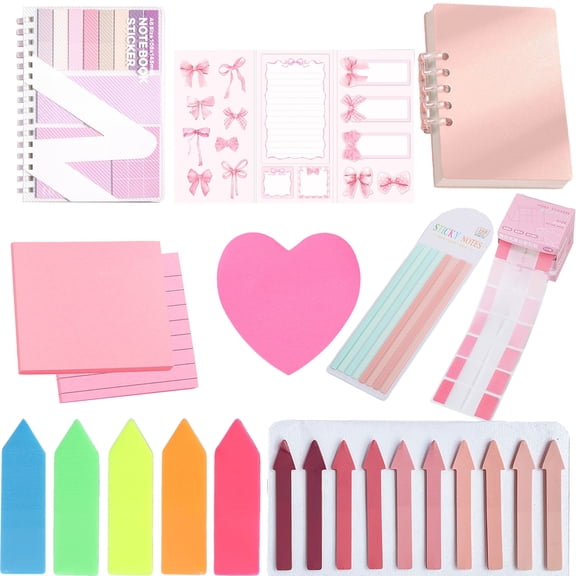 FEOLGEHLY 10 PCS Pink Sticky Notes Set, 2* Loose Leaf Note Pads, Sticky Notes 3x3, Heart-shaped Sticky Notes, PET Arrowss Sticky Tabs, Fluorescent Arrow Sticky Notes, Pull-out tTab Sticky Notes,