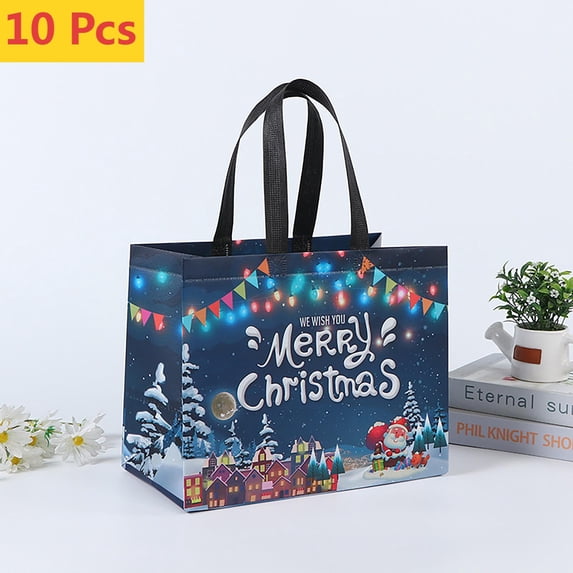 FEOLGEHLY 10 Pcs Extra Large Christmas Gift Bags, Christmas Tote Bags with Handles, Reusable Non-woven Wrapping Shopping Bag for New Year, Xmas Party Supplies Decorations, 12x7x10 inch