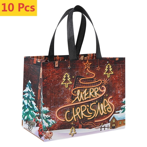 FEOLGEHLY 10 Pcs Extra Large Christmas Gift Bags, Christmas Tote Bags with Handles, Reusable Non-woven Wrapping Shopping Bag for New Year, Xmas Party Supplies Decorations, 12x7x10 inch