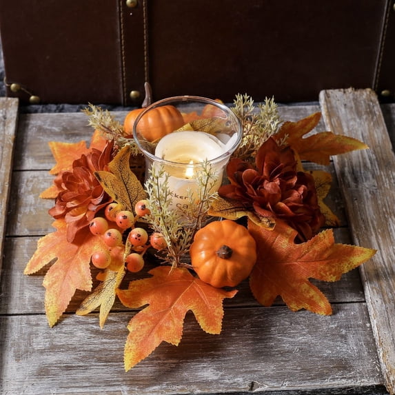 FEOLGEHLY 10 inch Fall Candle Rings Wreaths, Small Autumn Wreath for Candlestick Decorative Rattan Garland with Maple Leaf Berries Pumpkin for Thanksgiving Halloween Table Fall Decor Centerpieces