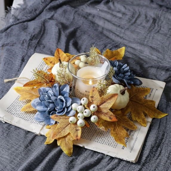 FEOLGEHLY 10 inch Fall Candle Rings Wreaths, Small Autumn Wreath for Candlestick Decorative Rattan Garland with Maple Leaf Berries Pumpkin for Thanksgiving Halloween Table Fall Decor Centerpieces