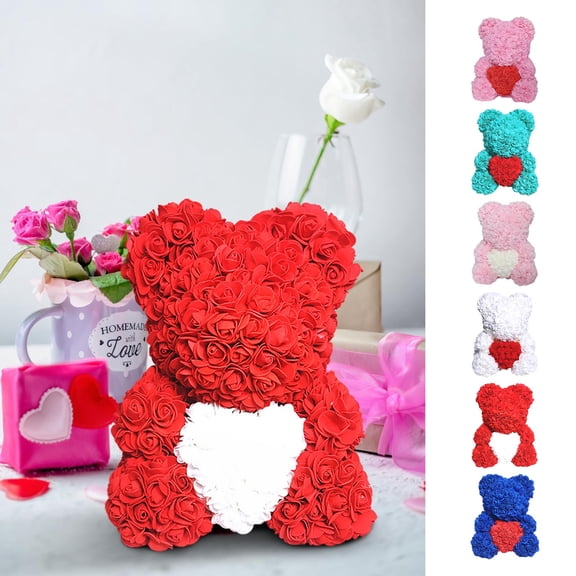 FEOLGEHLY 10 inch Rose Bear Rose Teddy Bear Gifts for Wedding, Valentine's Day, Romantic Rose Flower Bear for Wife Girlfriend, Christmas Anniversary, Birthday, Mothers Day, Blue and Red