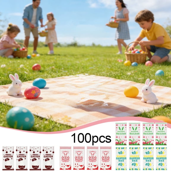 FEOLGEHLY 100 Pcs Easter Bunny Egg Transparent Candy Bags, Clear OPP Plastic Snack Packaging Bags with Twist Ties, Printable Favor Bags for Birthday Party Favors, Holiday Gift Wrapping