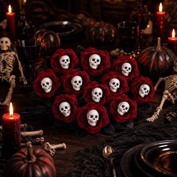 FEOLGEHLY 10Pcs Halloween Artificial Roses Flowers Bouquet with Gothic Flowers Fake Realistic Roses Dead Flower for Party Arrangements Wedding Home Halloween Decorations Costume DIY Project (Red)