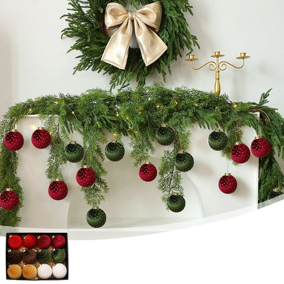 FEOLGEHLY 12 Pcs Large Farmhouse Velvet Christmas Balls Ornaments Set for Tree, Shatterproof Hanging Bulbs Ornaments for Xmas Tree Decorative, Vintage Party Home Neutral Decorations, Green