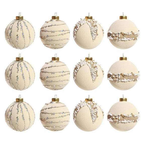 FEOLGEHLY 12 Pcs Velvet Ornaments Sets for Christmas Tree, Large Shatterproof Plastic Christmas Balls for Xmas Tree Decorative, Flocked Decorative Bulbs for Indoor Outdoor Party Home Decor, Beige