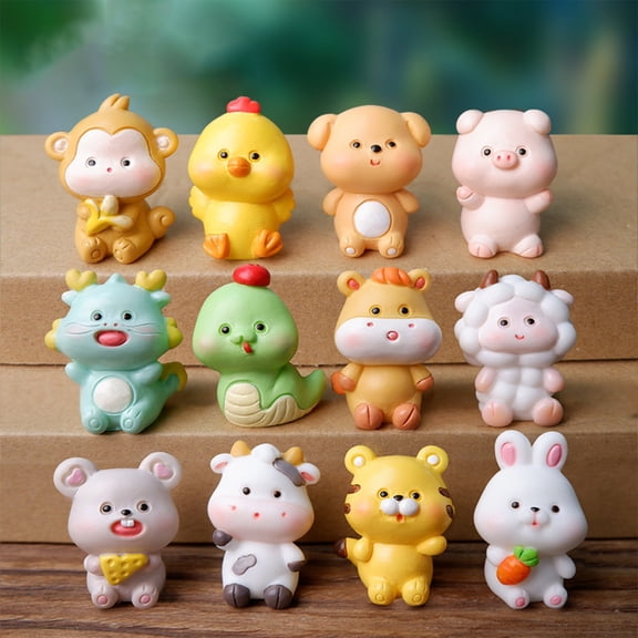 FEOLGEHLY 12 Pcs Zodiacs Miniature Rabbit Figurines Mini Dog Ornaments Micro Landscape Decoration Fairy Garden Supplies for Desk Micro Landscape Plant Pots Bonsai Craft Decor