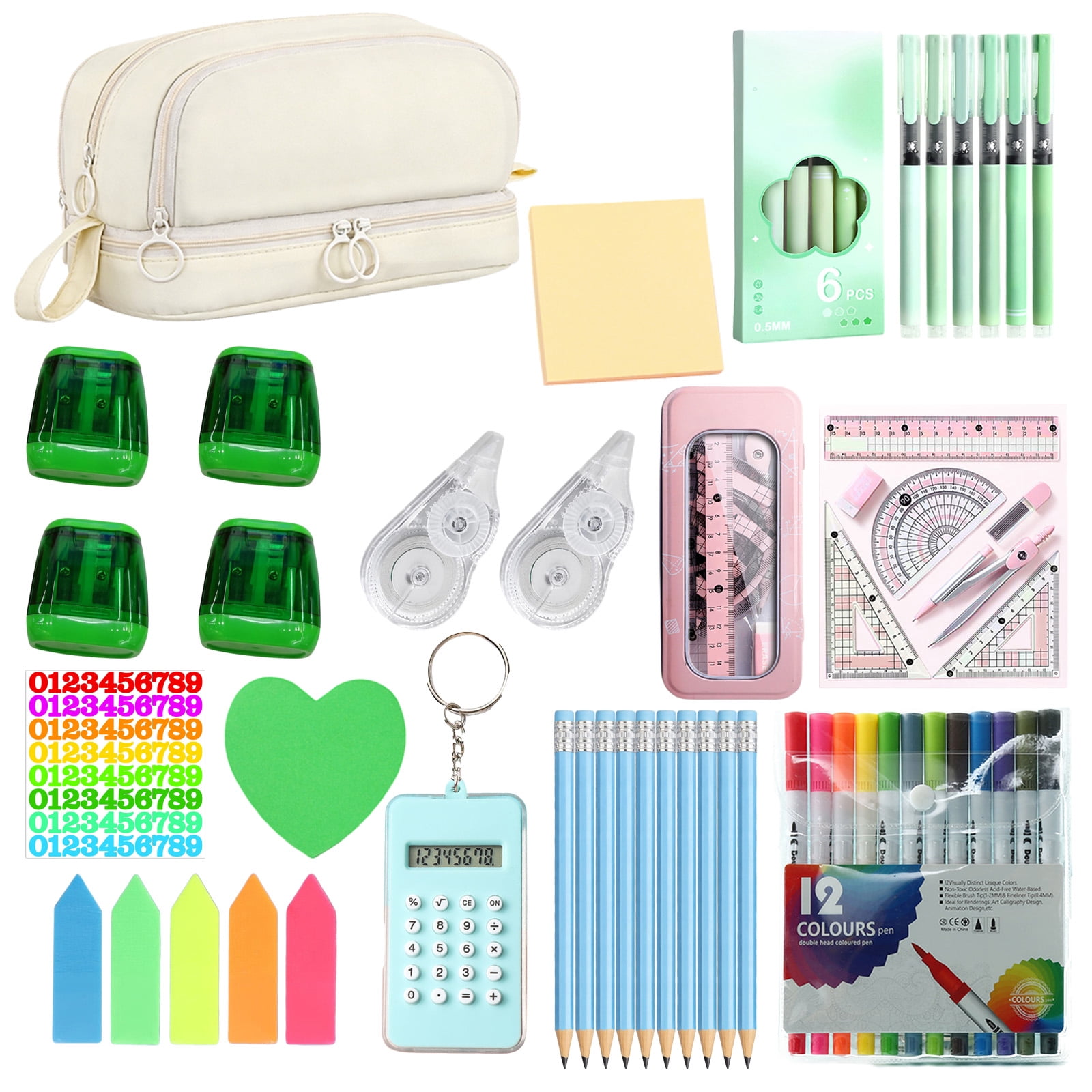 FEOLGEHLY 12PCS Stationery Set Pencil Cases with Double Zippers, Ruler Compass Pencil Watercolour Pen Sticky Note Pencil Sharpener Quick Drying Pen, Portable Durable for Office Travel