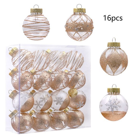 FEOLGEHLY 16 ct Christmas Ball Ornaments Sets, Shatterproof Clear Plastic Xmas Balls Baubles Set with Stuffed Delicate Sparkling, Hanging Christmas Tree Decorations (Rose Gold)