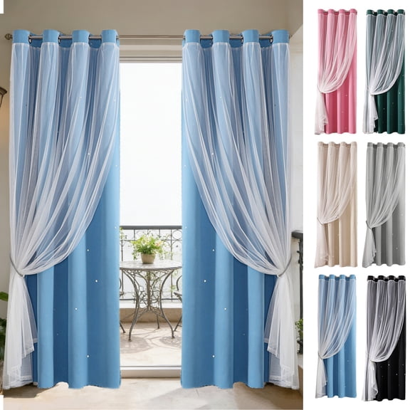 FEOLGEHLY 1PC Double Layer Star Lace Blackout Curtains, Thermal Insulated Noise Reducing Light Filtering Pink Curtains, Fade Resistant, for Bedroom Living Room Nursery Home Theater, 84 x 52 in