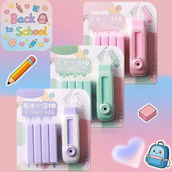 FEOLGEHLY 1PC Push andPull Retractable Erasers + 4*Refill, Pastel Colors Pencil Eraser, Eraser for Office Exam, Pencil Erasers for Writing Drawing, Office Supplies, Under 2$ Stationery (A)