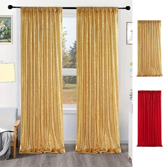 FEOLGEHLY 1PC Sequin Rod Pocket Curtains, Luxury Sequins Photo Booth Wedding Party Event Backdrop, Christmas Holiday Celebration Decor, Easy Install Reusable Indoor Outdoor Use, 24 x 96 in (Gold)