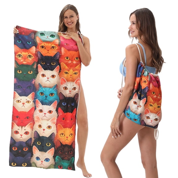 FEOLGEHLY 2 in 1 Beach Towel Oversized 63x31.5 In, Foldable Beach Towel Converts to Storage Backpack, Quick Dry , Super Absorbent Soft Towel for Beach, Travel, Camping, Picnic, Swin (Multicolor B)