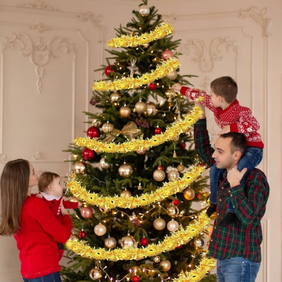 FEOLGEHLY 2 Pack 16.4ft Pre-Lit Christmas Garland with String Lights, LED Lighted Christmas Garland, Battery Operated, Full Fluffy Christmas Rattan for Mantel, Stair, Doorframe Decorations, Gold