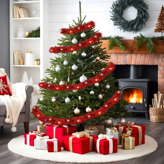 FEOLGEHLY 2 Pack 16.4ft Pre-Lit Christmas Garland with String Lights, LED Lighted Christmas Garland, Battery Operated, Full Fluffy Christmas Rattan for Mantel, Stair, Doorframe Decorations, Red