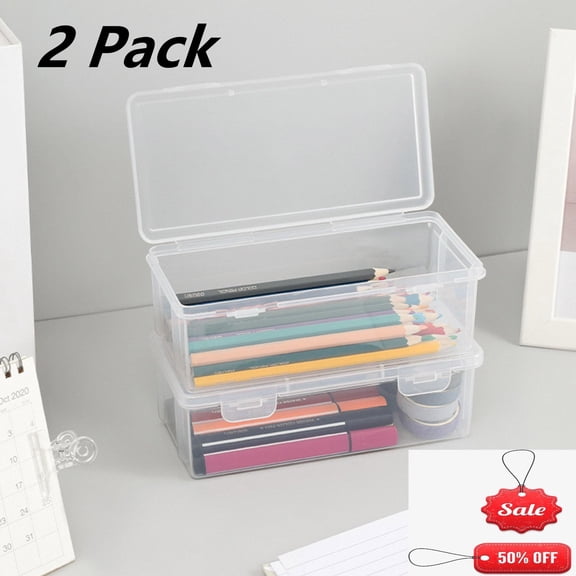 FEOLGEHLY 2 Pack Clear Pencil Box, Extra Large Cute Plastic Pencil Case, Stackable Storage Organizer with Snap-Tight Lid, Secure Office & Home Supply Container for Pens Gel Pens Erasers Tape