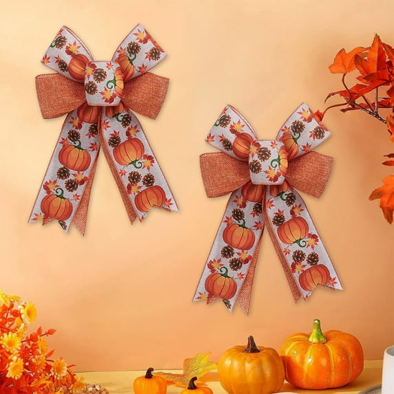 FEOLGEHLY 2 Pack Fall Decor Wreath Bow for Front Door, Pumpkin Print Burlap Bow Autumn Decorative Tree Topper Ornaments for Thanksgiving Wedding Party Supplies Indoor Outdoor Home Decor