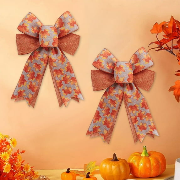 FEOLGEHLY 2 Pack Fall Decor Wreath Bow for Front Door, Pumpkin Print Burlap Bow Autumn Decorative Tree Topper Ornaments for Thanksgiving Wedding Party Supplies Indoor Outdoor Home Decor