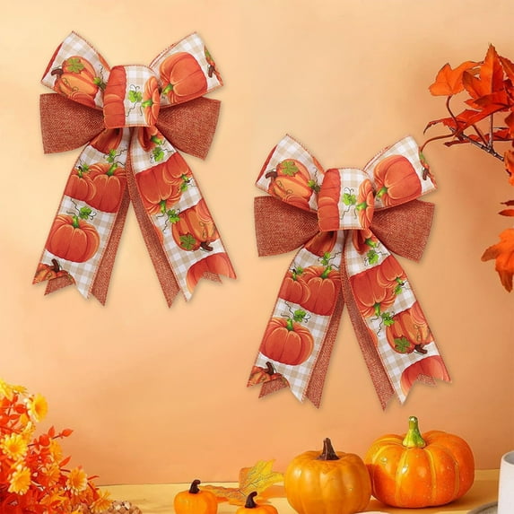 FEOLGEHLY 2 Pack Fall Decor Wreath Bow for Front Door, Pumpkin Print Burlap Bow Autumn Decorative Tree Topper Ornaments for Thanksgiving Wedding Party Supplies Indoor Outdoor Home Decor