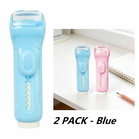 FEOLGEHLY 2 Pack Pencil Erasers, 2-in-1 Plastic Push Type Eraser Pencil Sharpener, Portable Stationery Tool for Office Daily Writing and Gift Use, Blue