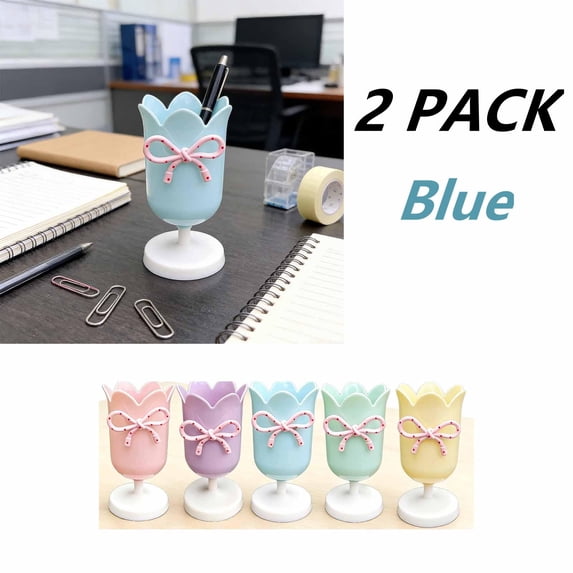 FEOLGEHLY 2 Pack Pencil Holders & Pen Holders, Cute Tulips Pen Pencil Holder for Desk Notebook, Plastic Pen Organizer Large Capacity Pencil Cup, Decorative Storage Box for Home Office Desktop(Blue)