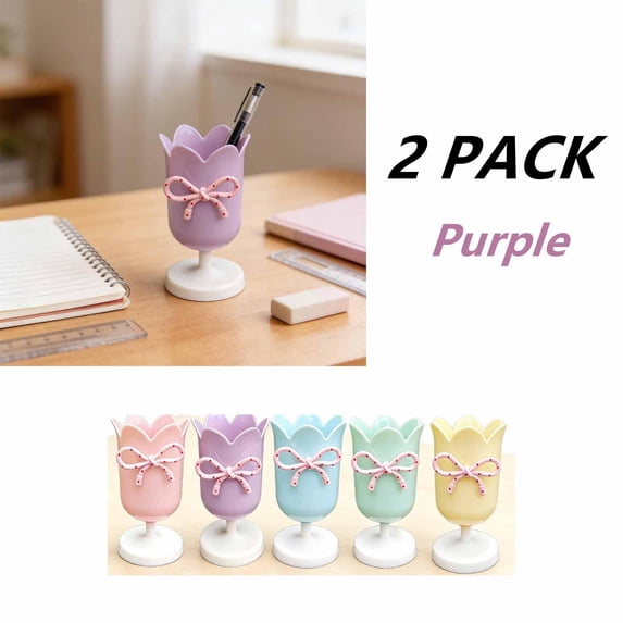 FEOLGEHLY 2 Pack Pencil Holders & Pen Holders, Cute Tulips Pen Pencil Holder for Desk Notebook, Plastic Pen Organizer Large Capacity Pencil Cup, Decorative Storage Box for Home Office Desktop(Purple)