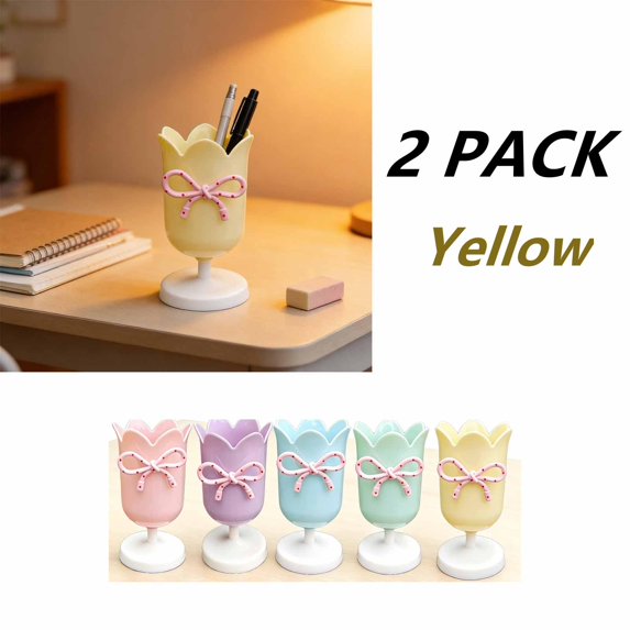 FEOLGEHLY 2 Pack Pencil Holders & Pen Holders, Cute Tulips Pen Pencil Holder for Desk Notebook, Plastic Pen Organizer Large Capacity Pencil Cup, Decorative Storage Box for Home Office Desktop(Yellow)