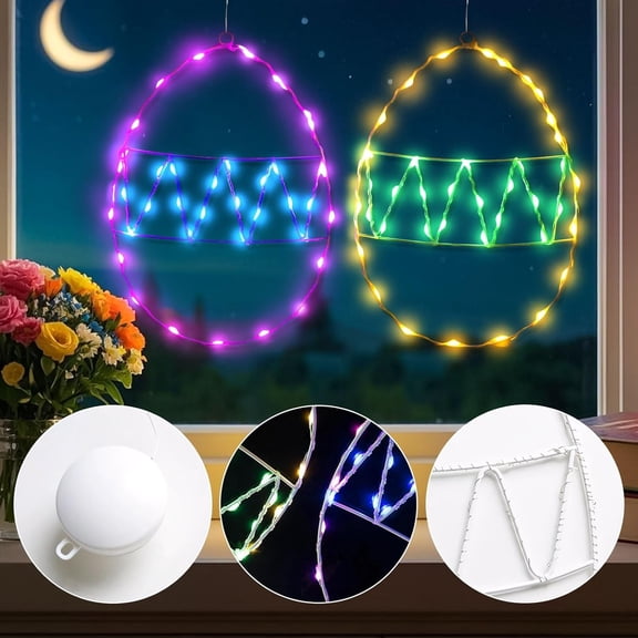 FEOLGEHLY 2 Pcs Easter Egg Window Decorations, 12.6" LED Easter Egg Shaped Spring Window Silhouette LED Light with Timer and Suction Cup, Battery Powered Twinkle Light for Window Decor
