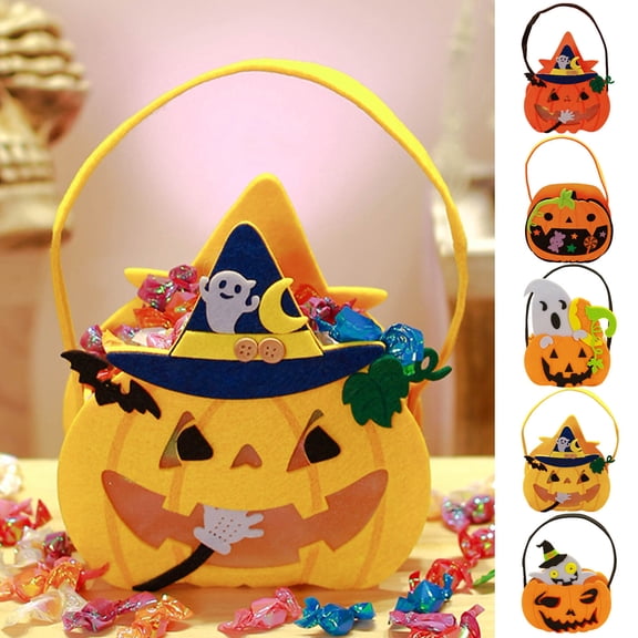 FEOLGEHLY 2 Pcs Halloween Candy Bucket, Halloween Trick or Treat Felt Bags, Halloween Candy Bags Nonwoven Pumpkin Tote Bags Halloween Props, Kids Party Favor Handbags