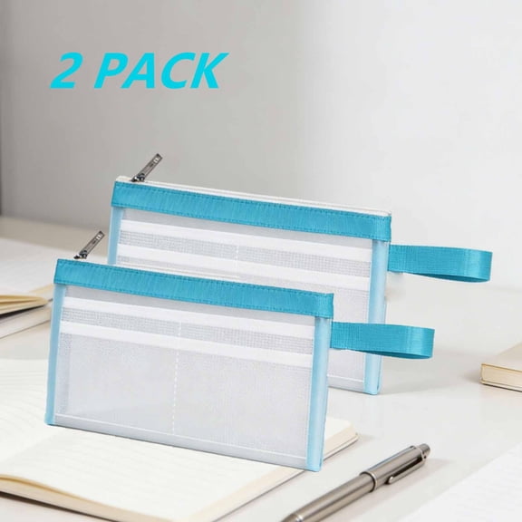 FEOLGEHLY 2 Pcs Large Capacity File Organizer, Waterproof Mesh Document Holder, 9.05x4.72" Transparent File Pocket Folder, Portable Document Organizer for Office Home Business Trip Outdoor Work(Blue)