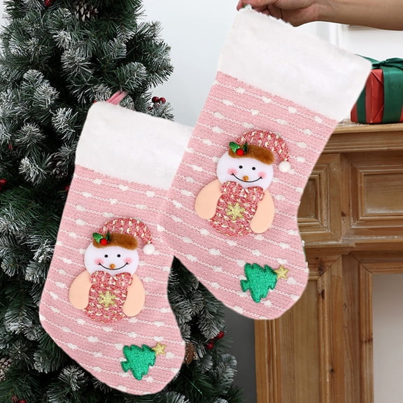 FEOLGEHLY 2 Pcs Large Knitted Christmas Stocking Gifts Bag with Santa Snowman Reindeer Pattern, Fabric Candy Sack Tree Hanging Ornament for Holiday Decor and Present Storage for Home Fireplace, Pink