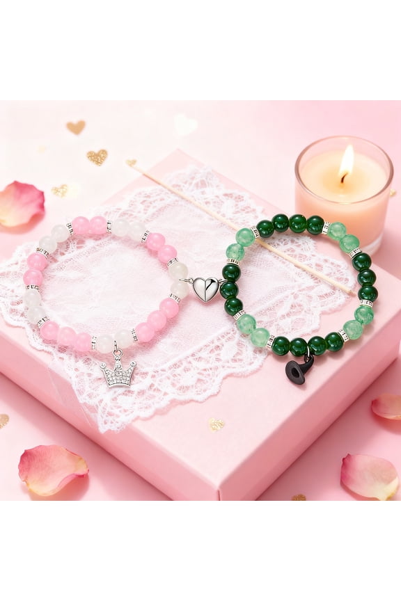 2 Pcs Valentine's Day Couple Bracelets Colorful Love Heart Matching Bracelets Mutual Attraction Heart Glass Beaded Elastic Bracelet for Women Men Relationship Jewelry Gifts